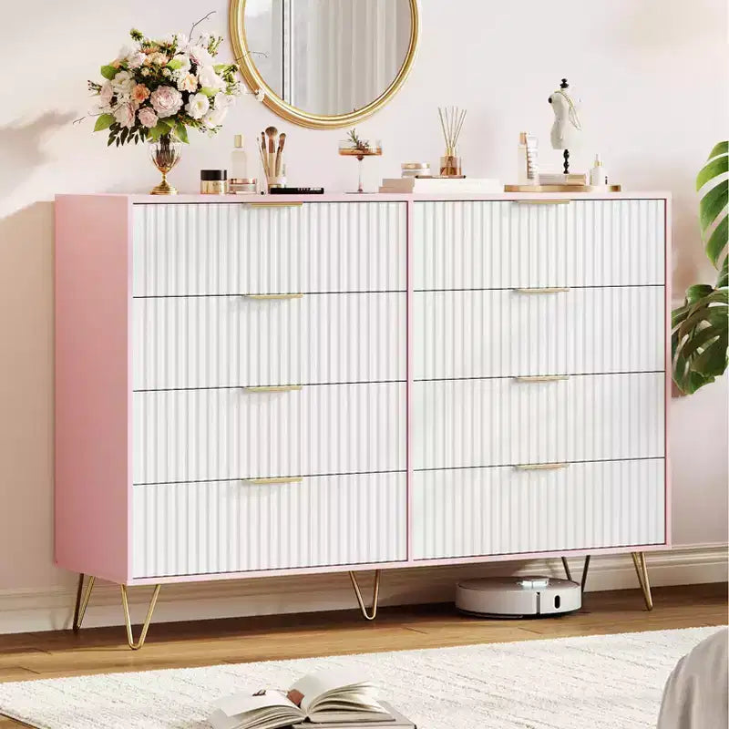 Cómoda de 8 cajones, negra/rosa/blanca/madera, individual, para dormitorio y sala de estar