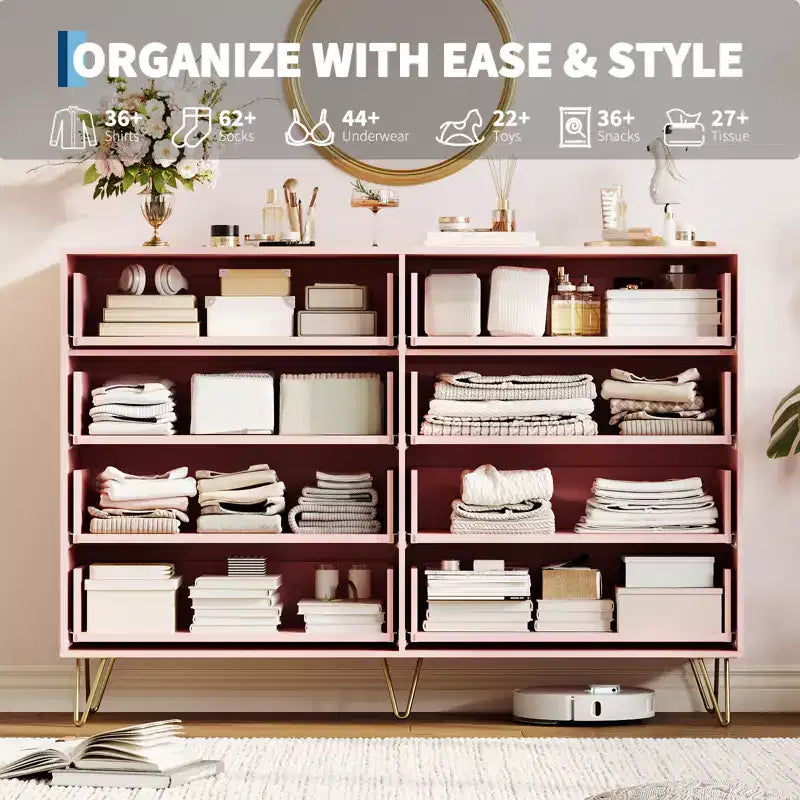 Cómoda de 8 cajones, negra/rosa/blanca/madera, individual, para dormitorio y sala de estar