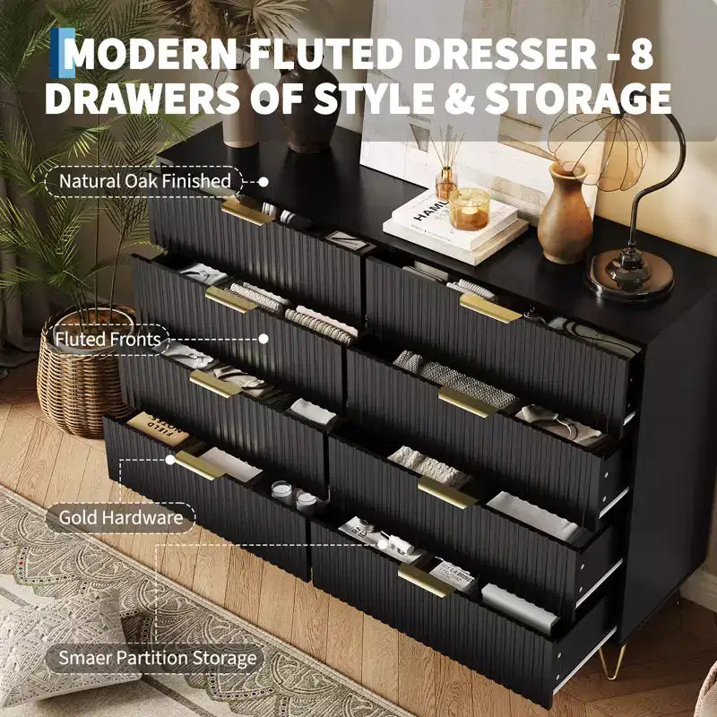 Cómoda de 8 cajones, negra/rosa/blanca/madera, individual, para dormitorio y sala de estar