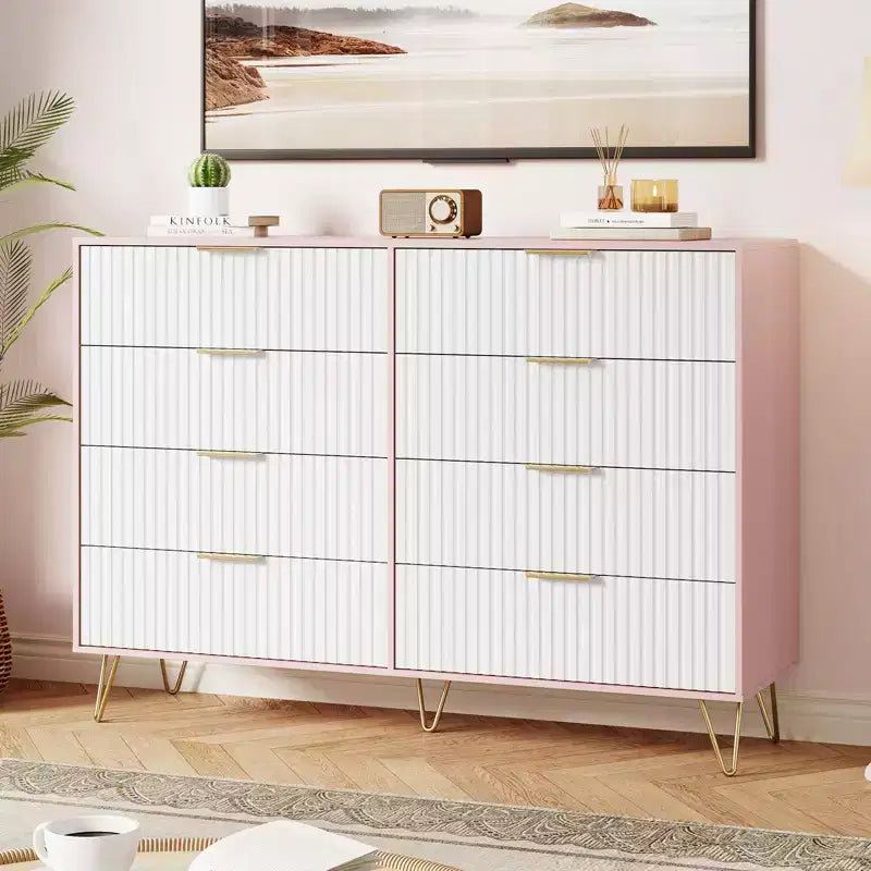 Cómoda de 8 cajones, negra/rosa/blanca/madera, individual, para dormitorio y sala de estar