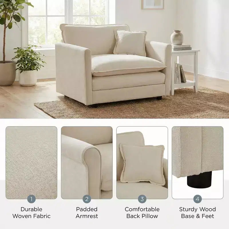 Sillón decorativo tapizado en crema, respaldo de almohada, para 1 persona