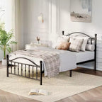 Coolmee Metal Bed Frame with Retro Round Headboard & Footboard, Sturdy Iron Construction, Noise-Free Design, No Box Spring Required