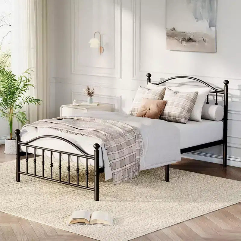 Coolmee Metal Bed Frame with Retro Round Headboard & Footboard, Sturdy Iron Construction, Noise-Free Design, No Box Spring Required