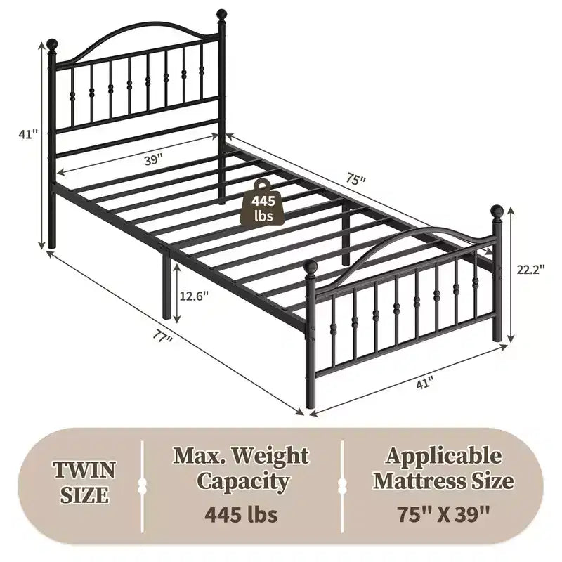 Estructura metálica de cama – Negro mate, cabecero y pie de cama redondos, 1 persona