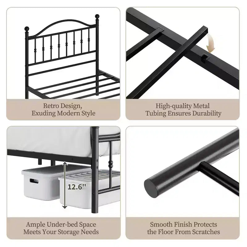 Estructura metálica de cama – Negro mate, cabecero y pie de cama redondos, 1 persona