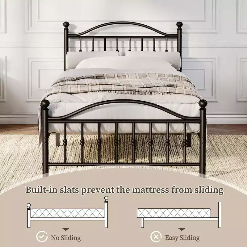 Estructura metálica de cama – Negro mate, cabecero y pie de cama redondos, 1 persona