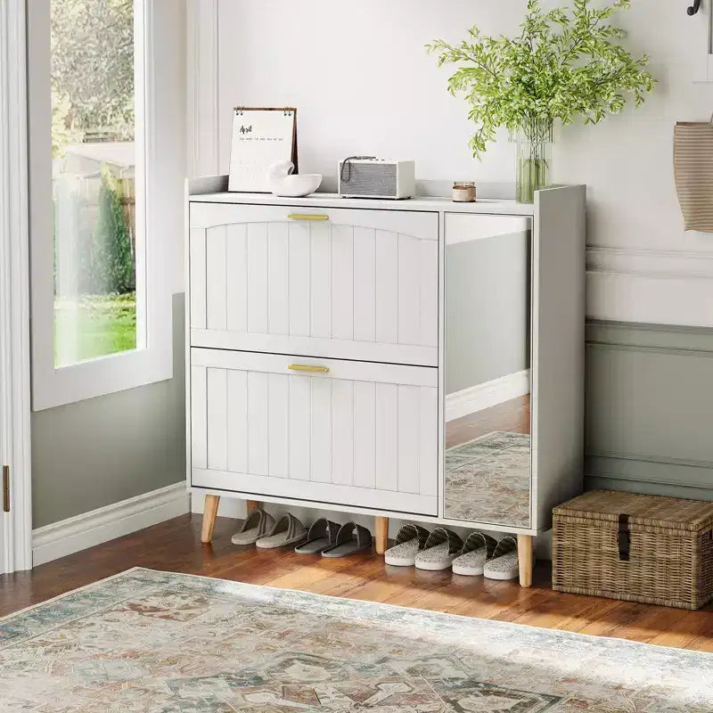 COZONY White Wooden Shoe Cabinet with Mirror, 2 Flip Drawers & Side Storage, Slim Entryway Organizer