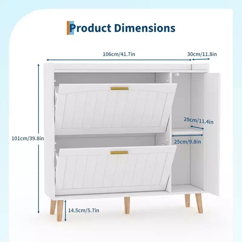 Zapatero blanco de madera con espejo, 2 cajones abatibles, capacidad para 20 pares