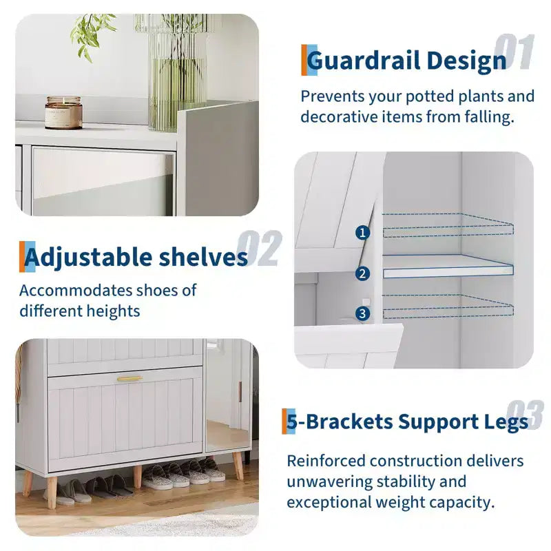 Zapatero blanco de madera con espejo, 2 cajones abatibles, capacidad para 20 pares