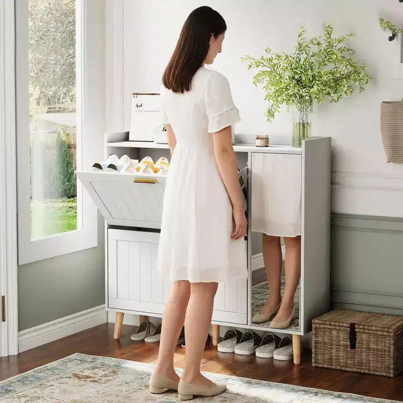 Zapatero blanco de madera con espejo, 2 cajones abatibles, capacidad para 20 pares