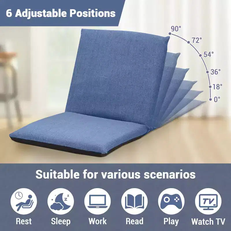 Sillón de suelo plegable ajustable azul/gris, asiento individual de lino y algodón