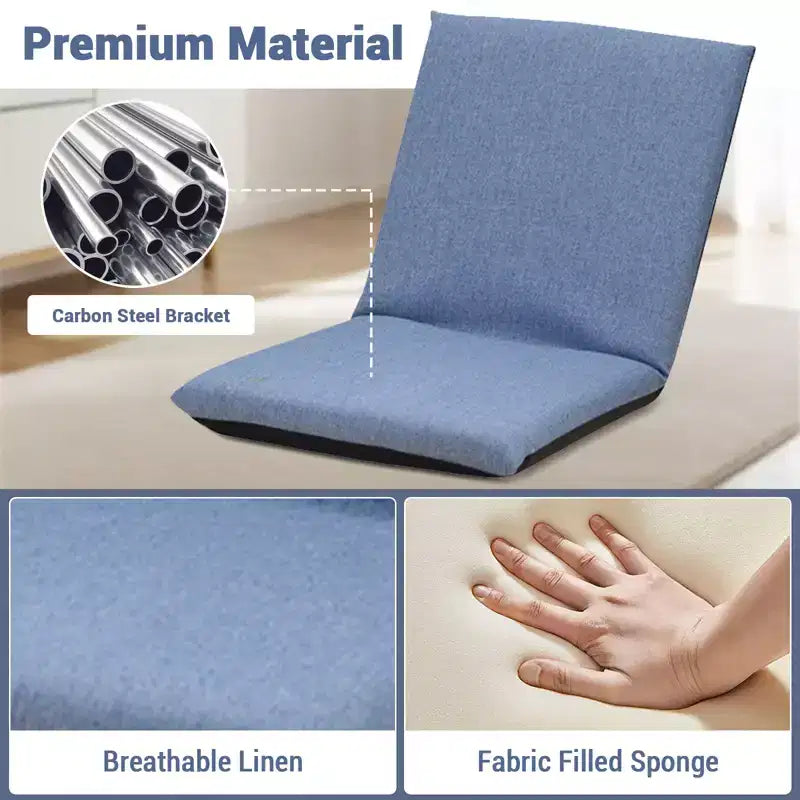 Sillón de suelo plegable ajustable azul/gris, asiento individual de lino y algodón
