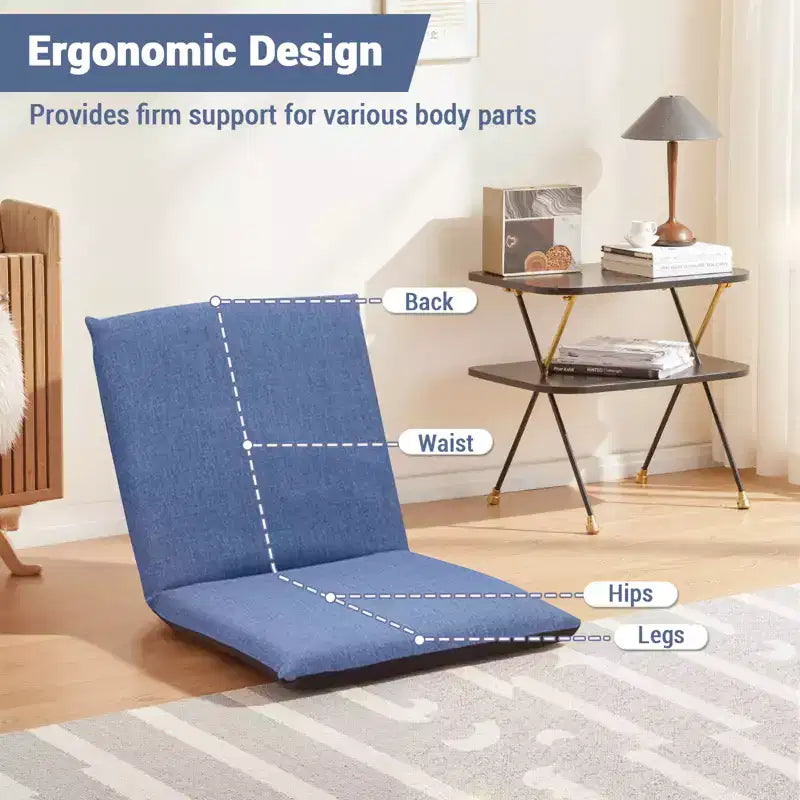 Sillón de suelo plegable ajustable azul/gris, asiento individual de lino y algodón
