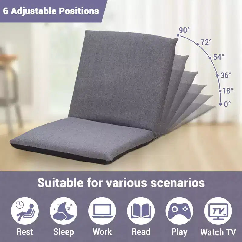 Sillón de suelo plegable ajustable azul/gris, asiento individual de lino y algodón