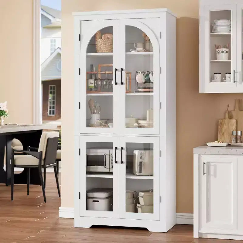 Alacena de despensa de 70" de altura, natural/blanco, con 4 puertas de cristal arqueado y estantes ajustables