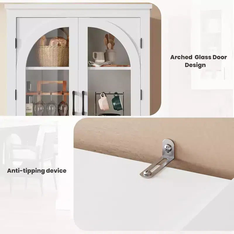 Alacena de despensa de 70" de altura, natural/blanco, con 4 puertas de cristal arqueado y estantes ajustables