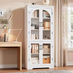 Alacena de despensa de 70" de altura, natural/blanco, con 4 puertas de cristal arqueado y estantes ajustables