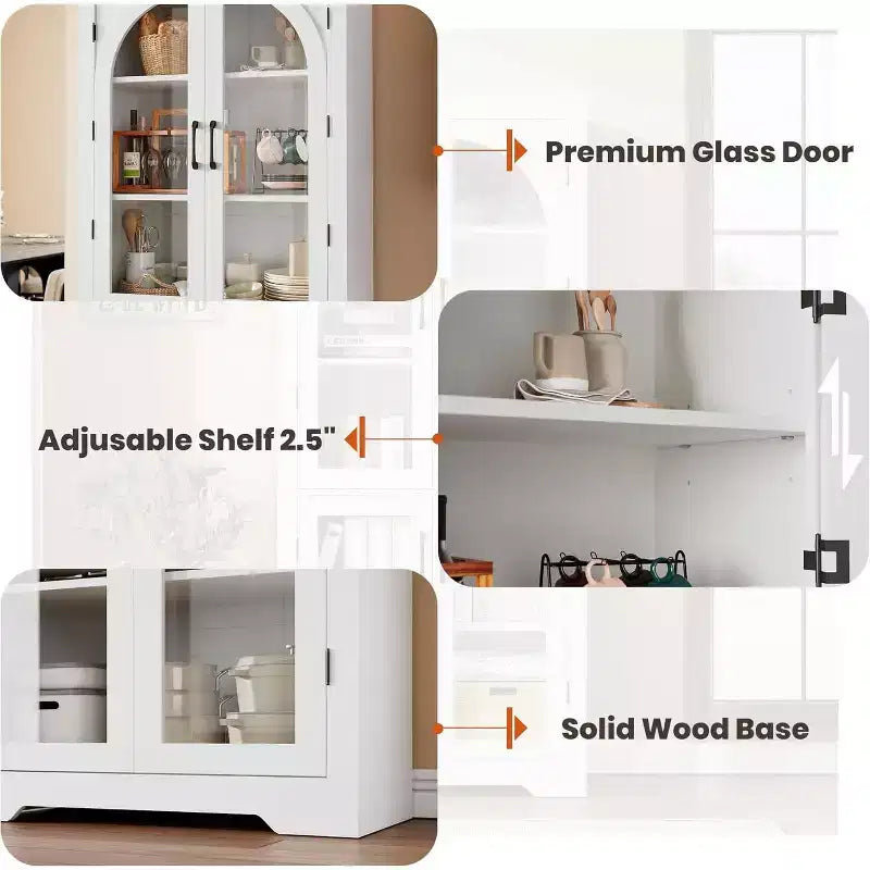 Alacena de despensa de 70" de altura, natural/blanco, con 4 puertas de cristal arqueado y estantes ajustables