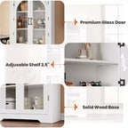 Alacena de despensa de 70" de altura, natural/blanco, con 4 puertas de cristal arqueado y estantes ajustables