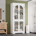Alacena de despensa de 70" de altura, natural/blanco, con 4 puertas de cristal arqueado y estantes ajustables