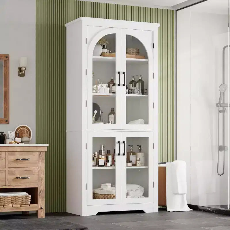 Alacena de despensa de 70" de altura, natural/blanco, con 4 puertas de cristal arqueado y estantes ajustables