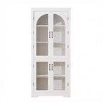 Alacena de despensa de 70" de altura, natural/blanco, con 4 puertas de cristal arqueado y estantes ajustables