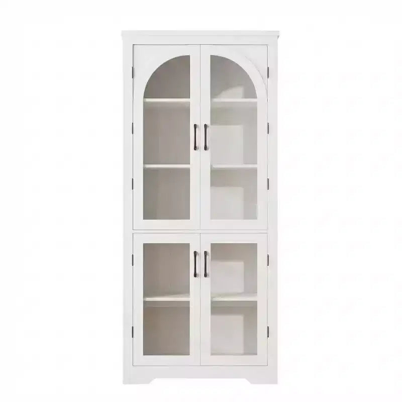 Alacena de despensa de 70" de altura, natural/blanco, con 4 puertas de cristal arqueado y estantes ajustables