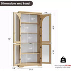Alacena de despensa de 70" de altura, natural/blanco, con 4 puertas de cristal arqueado y estantes ajustables