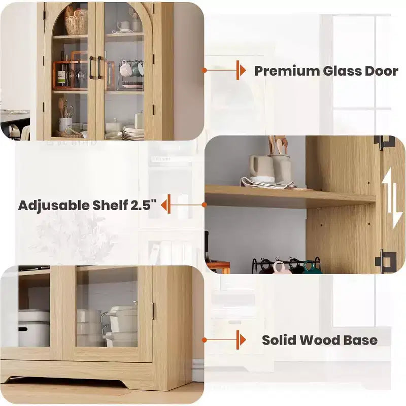 Alacena de despensa de 70" de altura, natural/blanco, con 4 puertas de cristal arqueado y estantes ajustables