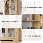 Alacena de despensa de 70" de altura, natural/blanco, con 4 puertas de cristal arqueado y estantes ajustables