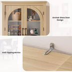 Alacena de despensa de 70" de altura, natural/blanco, con 4 puertas de cristal arqueado y estantes ajustables