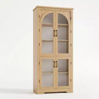 Alacena de despensa de 70" de altura, natural/blanco, con 4 puertas de cristal arqueado y estantes ajustables