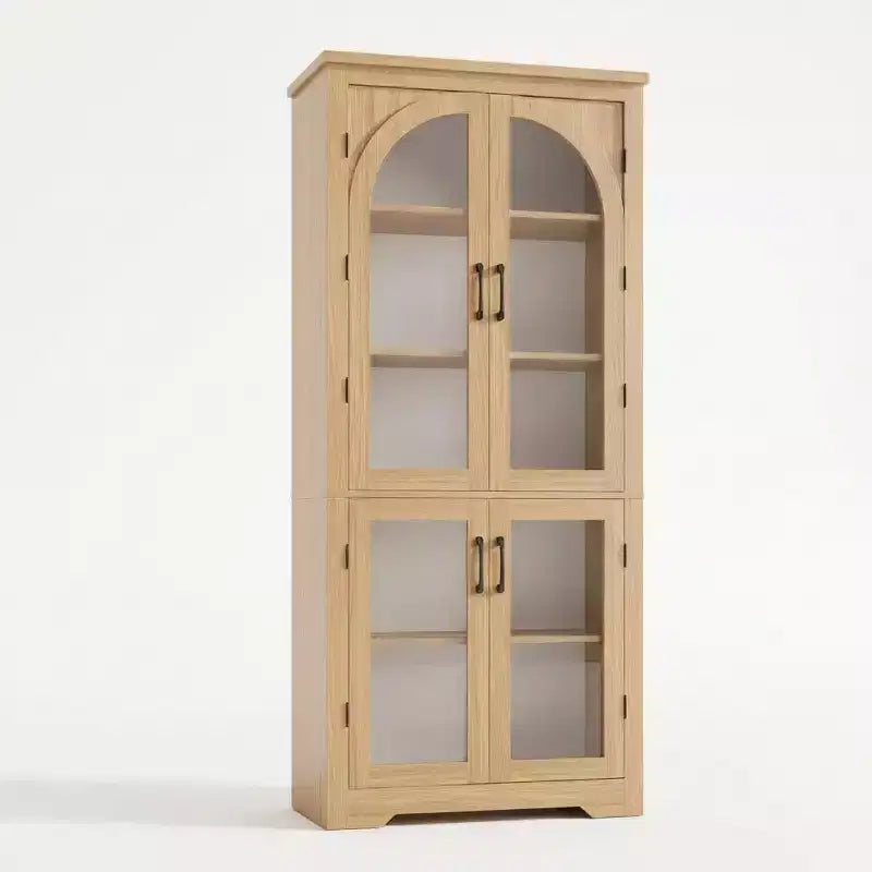 Alacena de despensa de 70" de altura, natural/blanco, con 4 puertas de cristal arqueado y estantes ajustables