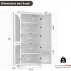 Alacena de despensa de 70" de altura, natural/blanco, con 4 puertas de cristal arqueado y estantes ajustables