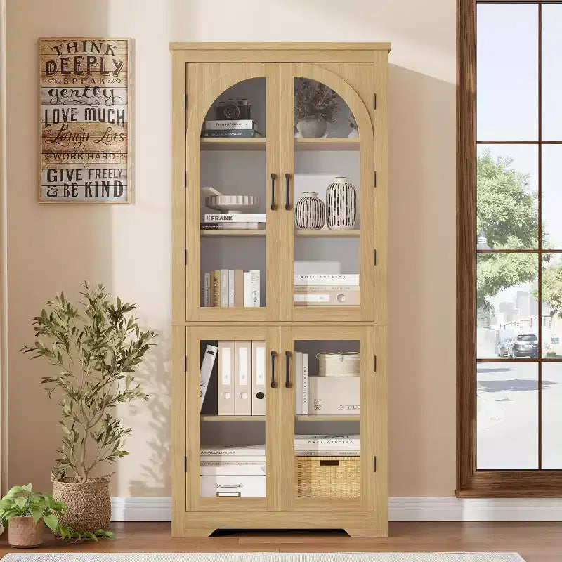 70 Kitchen Pantry Cabinet, Display Cabinet with 4 Arched Glass Doors & Adjustable Shelves, Versatile Cupboard Organizers for Kitchen, Living Room