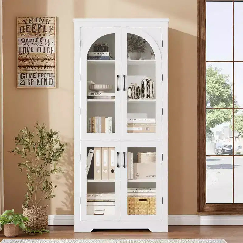 Alacena de despensa de 70" de altura, natural/blanco, con 4 puertas de cristal arqueado y estantes ajustables
