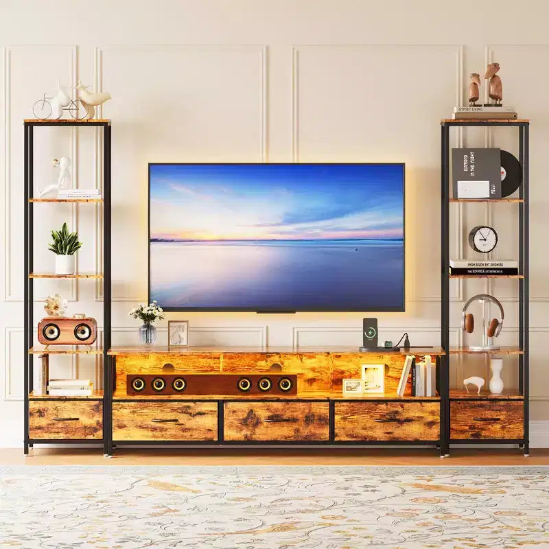 Farmhouse Entertainment Center with Storage -Large TV Stand for Living Room Holds TVs Up to 70, Tall TV Stand with LED Lighting & Electrical Outlets