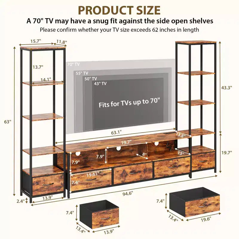 Mueble para TV de granja marrón con almacenamiento, apto para televisores de hasta 70 pulgadas