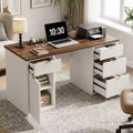 Modern Fluted Wooden Home Office Desk with File Drawers  Executive Computer Desk with Charging Station  Compact Storage Solution