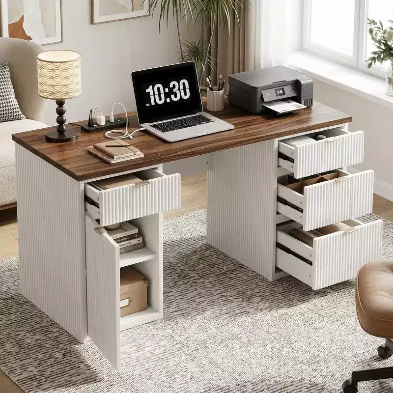 Modern Fluted Wooden Home Office Desk with File Drawers  Executive Computer Desk with Charging Station  Compact Storage Solution