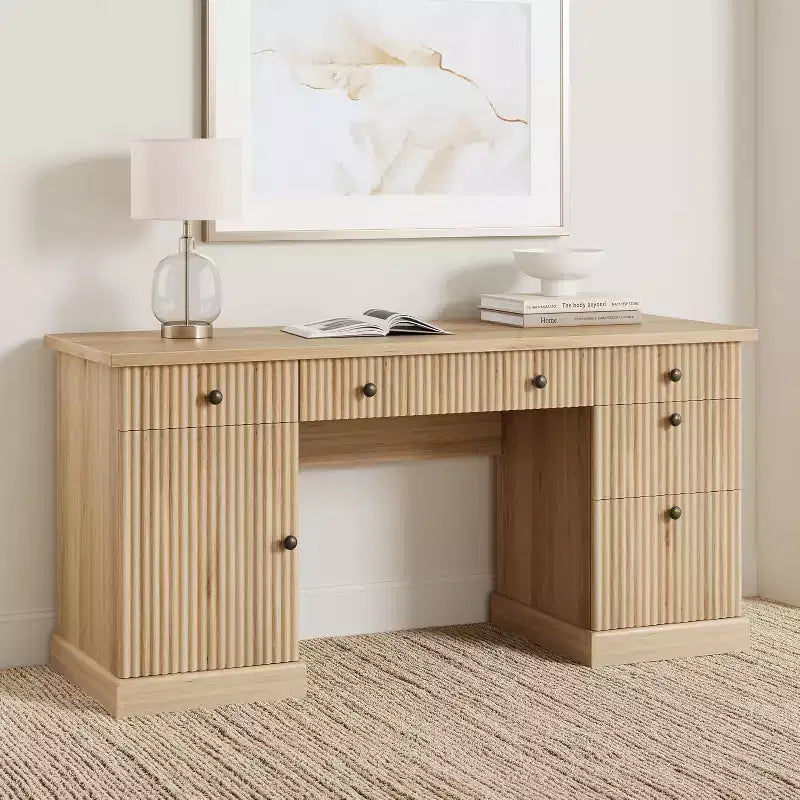 Escritorio de oficina en casa de madera acanalada con cajones - Color blanco/madera, individual