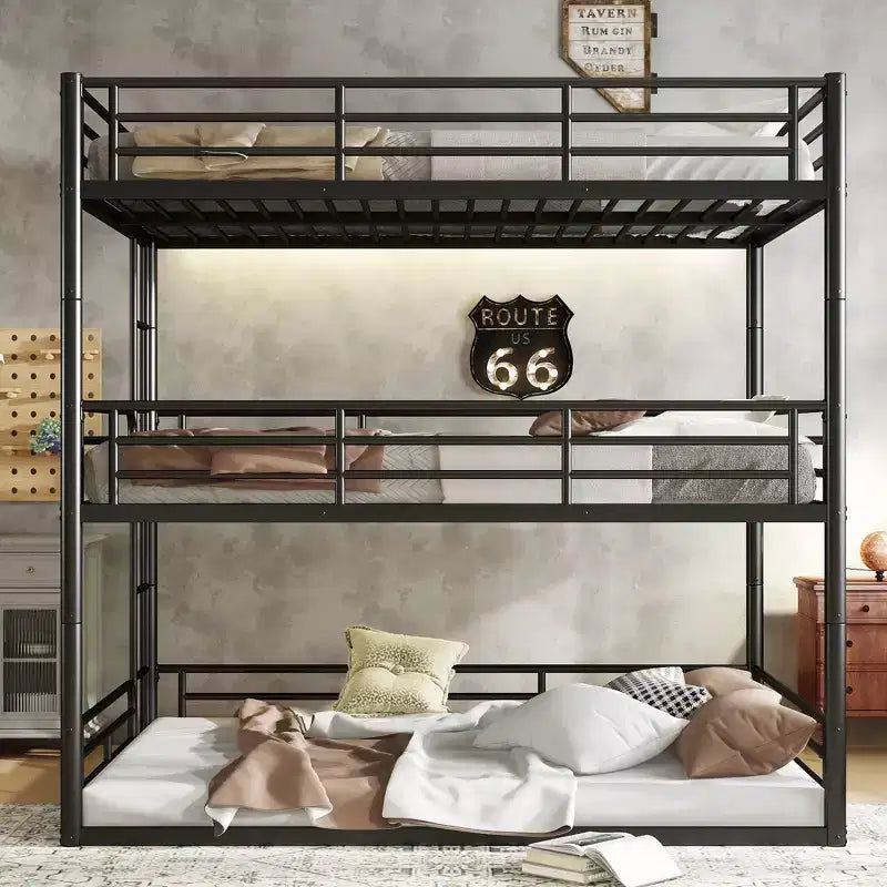 Bellemave Bunk Bed with Safety Guardrails, Metal Triple Bunk Bed with Noise-reduced Design for 3 Kids, Space-Saving