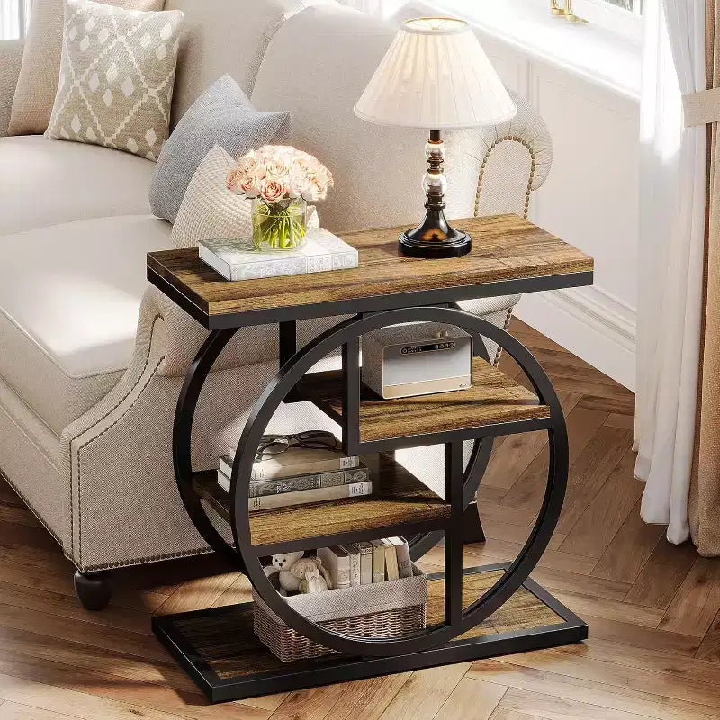 Lantine End Table for Living Room, 4-Tier Narrow Side Table with Storage Shelves, Bedside Table for Bedroom, Wood Sofa Side Table, Rustic Brown