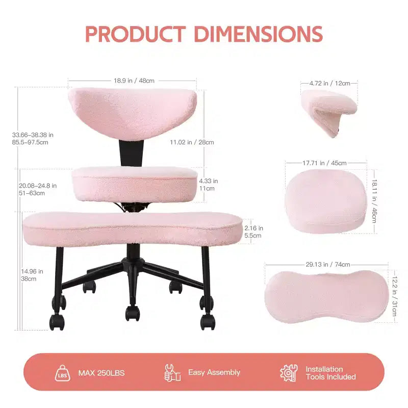Silla de Rodillas Beige / Negra / Rosa con Ruedas – Giratoria 360°, Altura Ajustable, Un Asiento