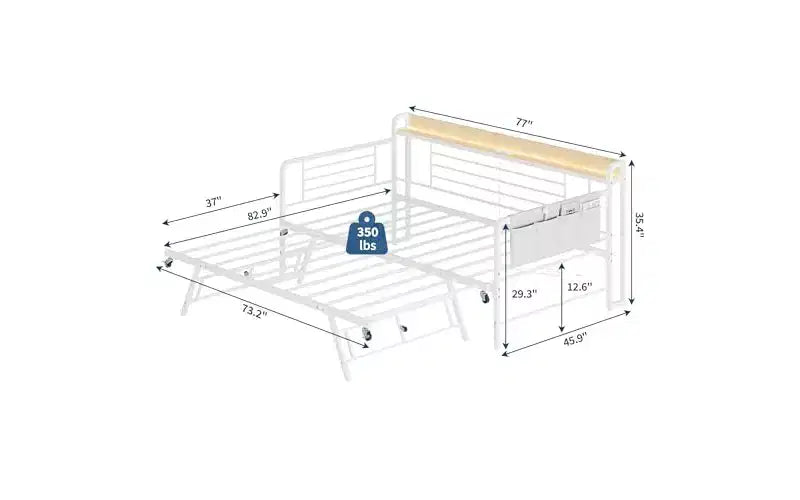 Sofá Cama Doble Metálico Blanco/Negro con Cama Nido Elevable, Cabecero con Almacenamiento y Luz LED, Capacidad para 2 Personas