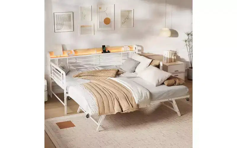 Sofá Cama Doble Metálico Blanco/Negro con Cama Nido Elevable, Cabecero con Almacenamiento y Luz LED, Capacidad para 2 Personas