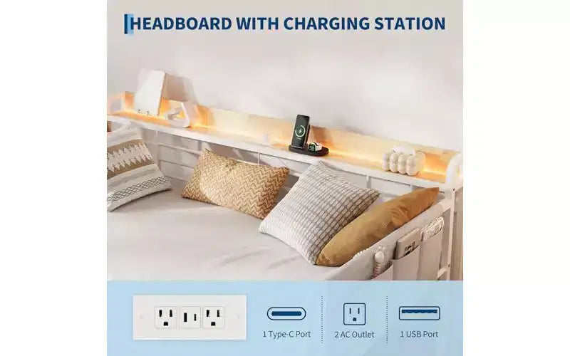 Sofá Cama Doble Metálico Blanco/Negro con Cama Nido Elevable, Cabecero con Almacenamiento y Luz LED, Capacidad para 2 Personas