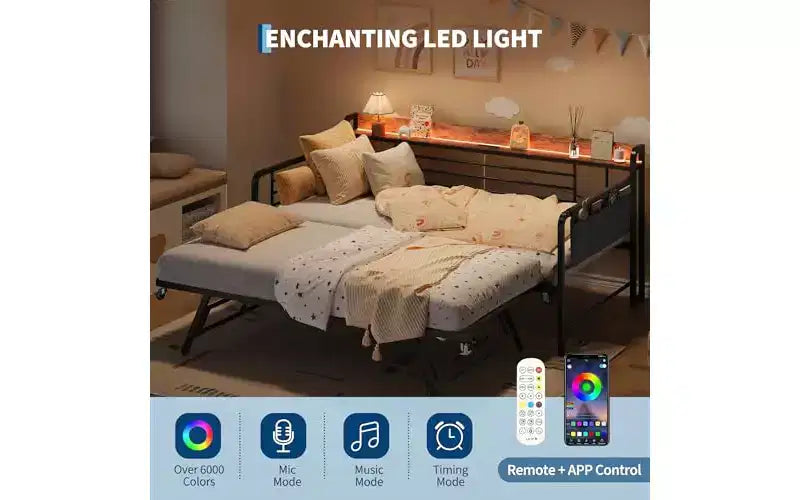 Sofá Cama Doble Metálico Blanco/Negro con Cama Nido Elevable, Cabecero con Almacenamiento y Luz LED, Capacidad para 2 Personas