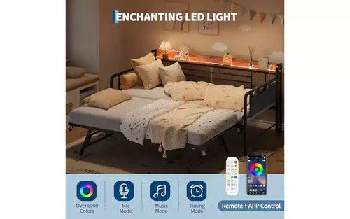 Sofá Cama Doble Metálico Blanco/Negro con Cama Nido Elevable, Cabecero con Almacenamiento y Luz LED, Capacidad para 2 Personas
