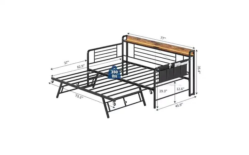 Sofá Cama Doble Metálico Blanco/Negro con Cama Nido Elevable, Cabecero con Almacenamiento y Luz LED, Capacidad para 2 Personas